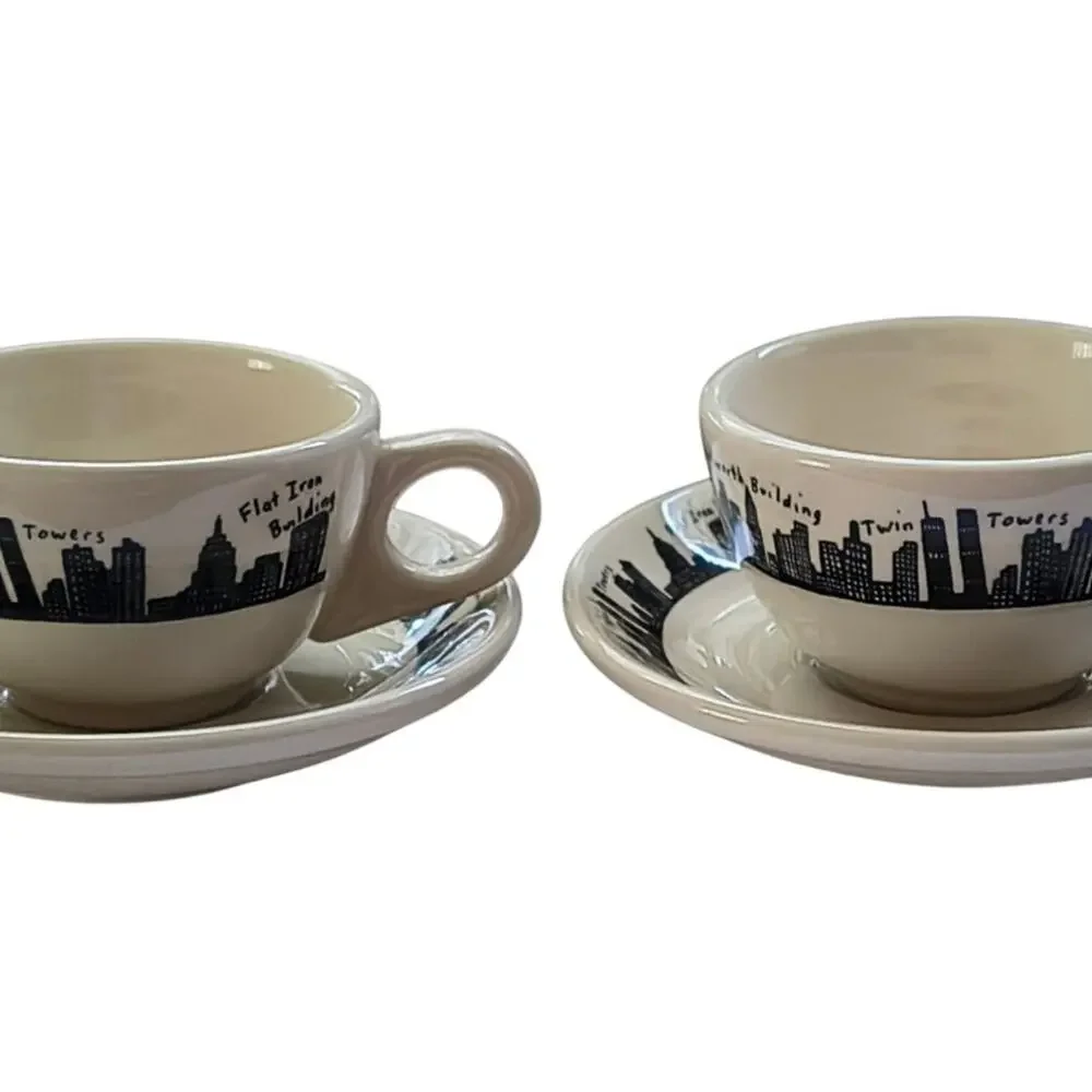 Homer Laughlin Fishs Eddy Cup Saucer Pair New York Skyline